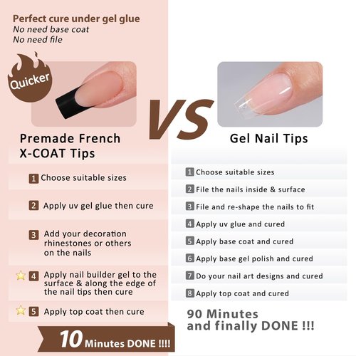 btartboxnails French Nails Black - Builder Gel, Square Nail Tips, 150Pcs Soft Gel Tips