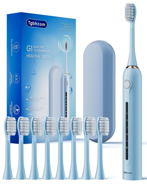 Blue Electric Toothbrushes, with 8 Brush Heads, 1 Travel Toothbrush Case, for Adults and Kid Electric Toothbrush, Long 180-Day Battery Life, 6 Different Modes, Smart 2-Minute Timer, IPX7 Waterproof