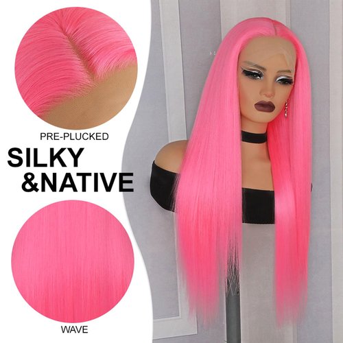 Lovestory Pink Color Lace Front Wigs Long Straight Hair Pastel Pink Heat Resistant Free Part Synthetic Lace Wig Natural Hair High Density Synthetic Lace Front Wigs for Fashion Women