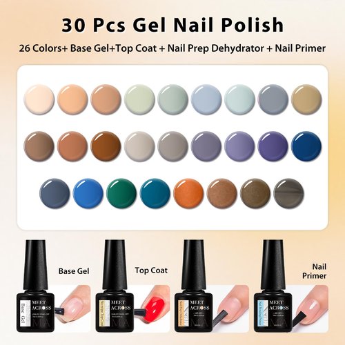 MEET ACROSS Brown Gel Nail Polish Set Nude Gel Polish 26 Colors Grey Blue Purple Roasted Chestnuts Chocolate Series Fall Winter Gel Nail Kit Gift for Women 30Pcs