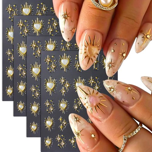4Pcs Star Nail Decals Embossed Star Nail Art Stickers 5D Self-Adhesive Gold Bronzing Cross Starlight with Heart Rhinestones Nail Design Stickers Luxury Decals for Women Girls Manicure Decoration