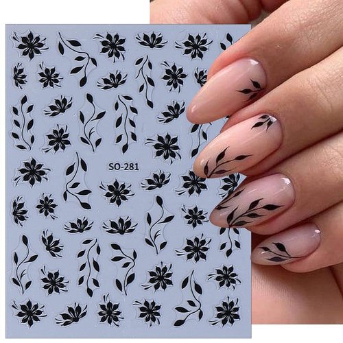 6 Sheets Floral Nail Art Stickers, Spring Leaf Nail Decals, 3D Self-Adhesive Nail Decoration Supplies for Daily Festival DIY Pink White Silver Black Gold Manicure Stickers