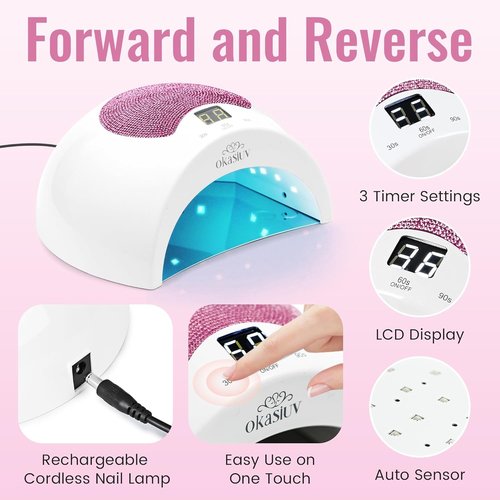 Okasiuv Rechargeable UV LED Nail Lamp with Diamond Design & Touch Control - 3 Timer Settings, Fast Curing for All Gel Polishes, Portable UV Nail Dryer for Professional Salon & Home (Pink)