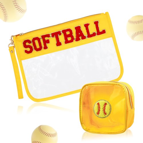 DUGYGA 2 Pcs Softball Chenille Letter Bags, Clear Toiletry Zipper Pouch, Cute Softballs Snack & Makeup Pouches, Softball Accessories Gift for Players, Moms, Fans, Girls, Birthday or Team Gifts
