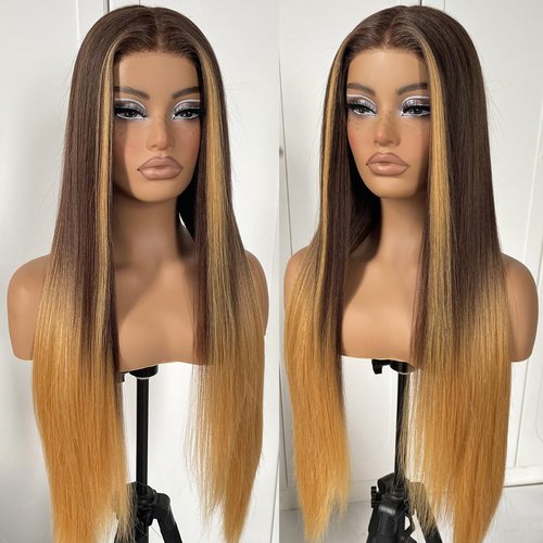 MITIMES 32inch Ombre Lace Front Wig pre plucked, Glueless Highlight Ombre Long Straight Lace Front Wigs Synthetic Highlight HD Lace Front Wig 1B/30/27