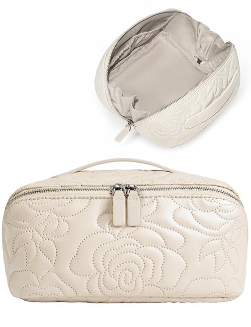 Popvibe Open Flat Makeup Bag Travel Cosmetic Case for Women, Large Capacity Toiletry Travel Bag with Zipper, Portable Aesthetic Floral Make Up Organizer Pouch for Toiletries Makeup Brush, Cream Medium