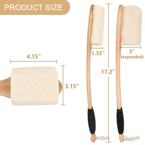 OWIIZI Back Loofah Scrubber Brush with Long Handle, Hard Loofa Sponge Body Bath Scrubber for Shower, Natural Luffa Skin Exfoliating On a Stick for Men Women Elder
