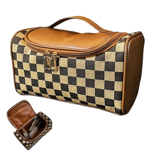 Zigihos Large Capacity Checkboard Plaid Cosmetic Bag for Women Travel Makeup Organizer Waterproof Toiletry Bag (Brown)