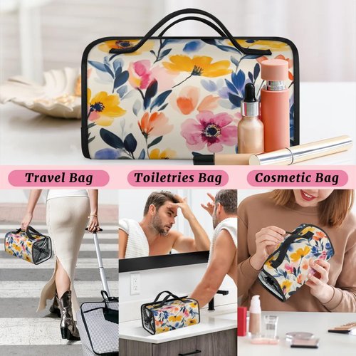 Hanging Roll Up Makeup Bag, Cosmetic Bag for Women, Watercolor Flower Travel Folding Toiletry Bag with 4 Removable Compartments, for Storing Cosmetics, Toiletries, Personal Care Products