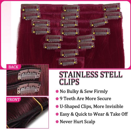 Clip in Hair Extensions Real Human Hair 120g 22inch Kinky Straight Clip ins 8pcs with 18clips Per Set Burgundy Soft Long Remy Human Hair Extensions Seamless Extensions Human Hair