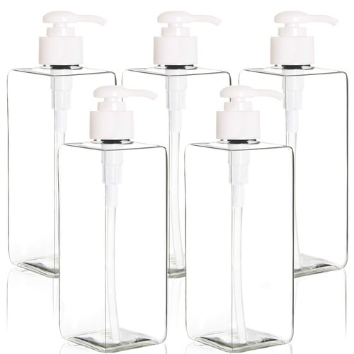 Youngever 5 Pack 16 Ounce Plastic Pump Bottles, Refillable Square Plastic Pump Bottles for Dispensing Lotions, Shampoos and More (Clear)