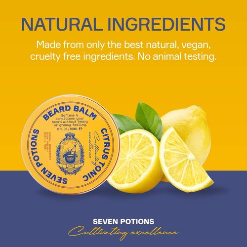 SEVEN POTIONS Beard Balm for Men — Conditioning Softener to Nourish Skin, Facial Hair, and Stop Beard Itch — All-Natural, Vegan, Cruelty Free — Citrus Tonic (2 FL OZ)