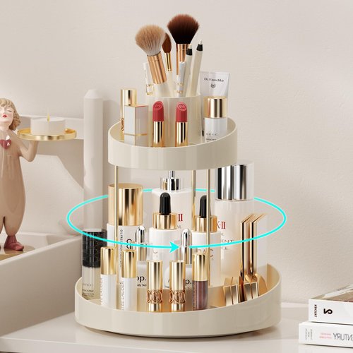 INVSSENE 2 Tiers Rotating Makeup Organizer, Large Makeup Organizer for Vanity, Countertop Storage Shelf for Cosmetics, Skincare, Makeup Brush - Warm White