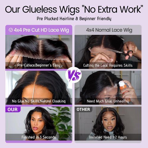 UVVUVV Glueless Wigs Human Hair Pre Plucked Pre Cut 4x4 Body Wave Bob Wig Human Hair Wear and Go Glueless Wigs Pre Plucked Pre Cut Natural Hairline 180% Density Natural Color (12 Inch)