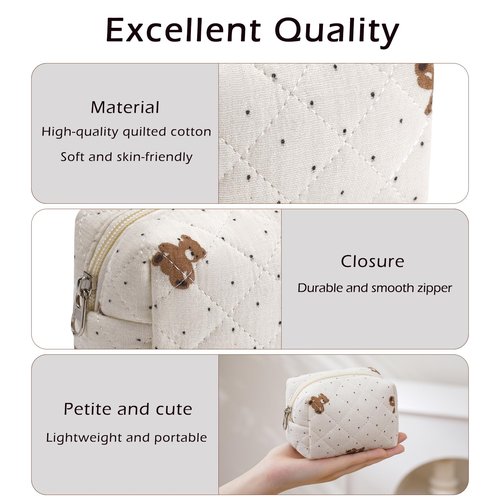 Cute Cotton Mini Cosmetic Bags for Purse,Featherweight Small Quilted Makeup Bag with Zipper, Lipstick Pouch Organizer for Women Girls(02Small Bear)
