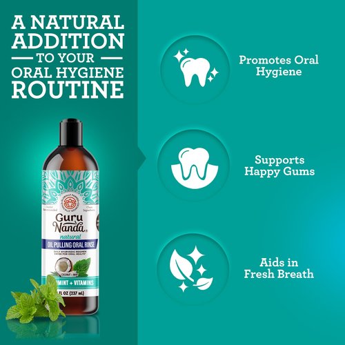 GuruNanda Advanced Oil Pulling & Coconut Oil Pulling Bundle with Toothbrush, Tongue Scraper - for Happy Teeth & Gums & Bad Breath