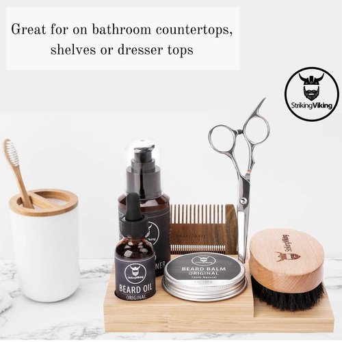 Striking Viking Beard Kit Organizer - 7.3 x 4.5 x 1 in Bamboo - Beard Care Caddy for Oil & Balm - Comb & Brush Stand - Mens Grooming Stand