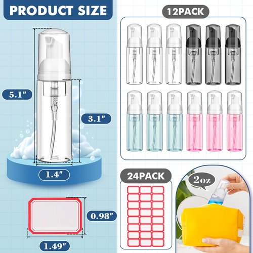 12 Pcs 2 oz Plastic Foam Pump Bottle Refillable 60ml Travel Mousse Foaming Soap Dispenser Mini Eyelash Cleaning Foam Bottle Dispenser for Face Wash Lash Shampoo Skin Care