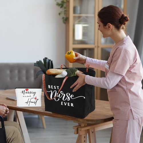 Queekay 2 Pcs Emergency Nurses Week Gifts Tote Bag Canvas Shoulder Makeup Cosmetic Bag Canvas Zipper Pouches for Vet Tech Medical Assistant