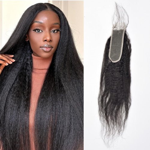 2x6 Kinky Straight Lace Closure Brazilian Human Hair Coarse Italy Yaki Closure 6x2 Frontal For Black Women Pre Plucked Natural Black (2x6 kinky straight closure, 14inch)