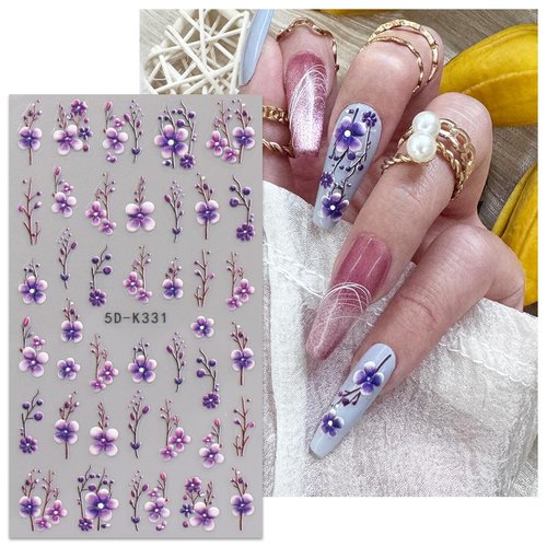 JMEOWIO 3D Embossed Flower Nail Art Stickers Decals Self-Adhesive 5D Spring Summer Flora Nail Supplies Nail Art Design Decoration Accessories 4 Sheets