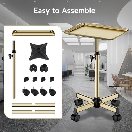 Salon Tray, Premium Metal Rolling Tray Cart, Tattoo Tray Height Adjustable, Dentist Tray Medical Tray Spa Service Rolling Tray,Champagne Gold