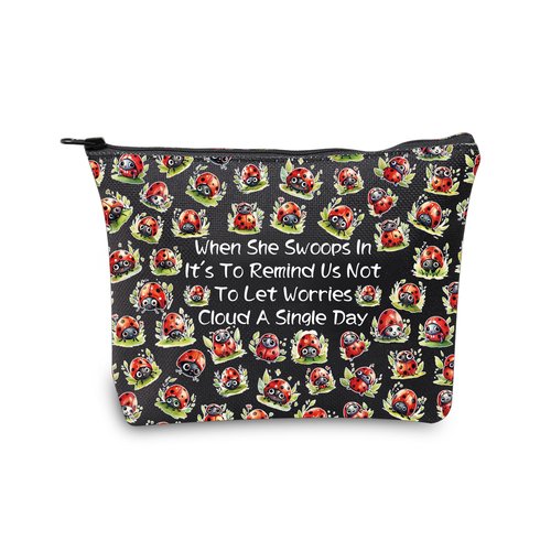 JXGZSO Good Luck Ladybug Makeup Bag With Zipper Gifts For Women When She Swoops In It's To Remind Us Not To Let Worries Cloud A Single Day Cosmetic Bag (Ladybug Bag Black)
