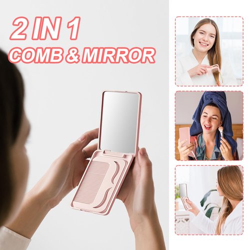 Jurrissa Protable Folding Mirror with Case, Compact Travel Mirror with Hair Comb for Purse Bag, Small Pocket Makeup Mirror for Women Girls,Easy to Carry(Pink)