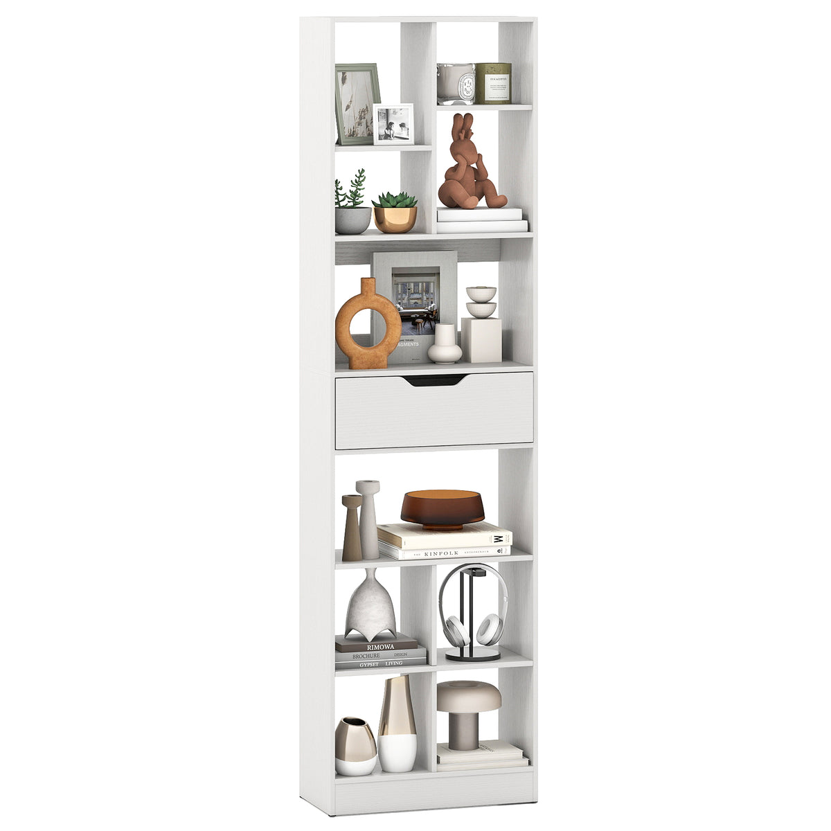 71-Inch Tall Bookcase with 10-Cube Storage & Drawer - Natural
