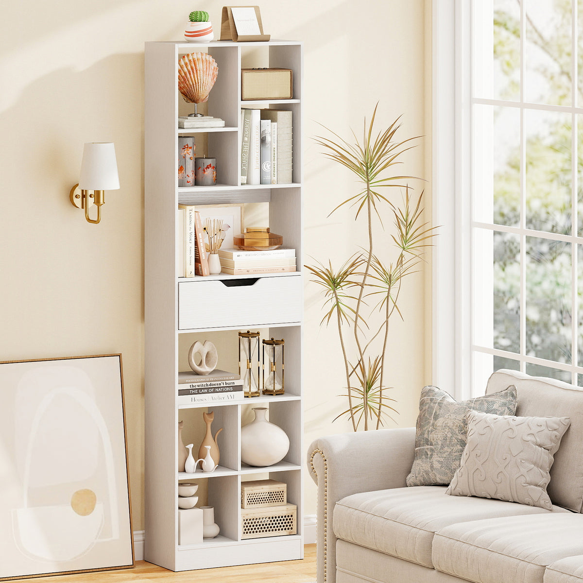 71-Inch Tall Bookcase with 10-Cube Storage & Drawer - Natural