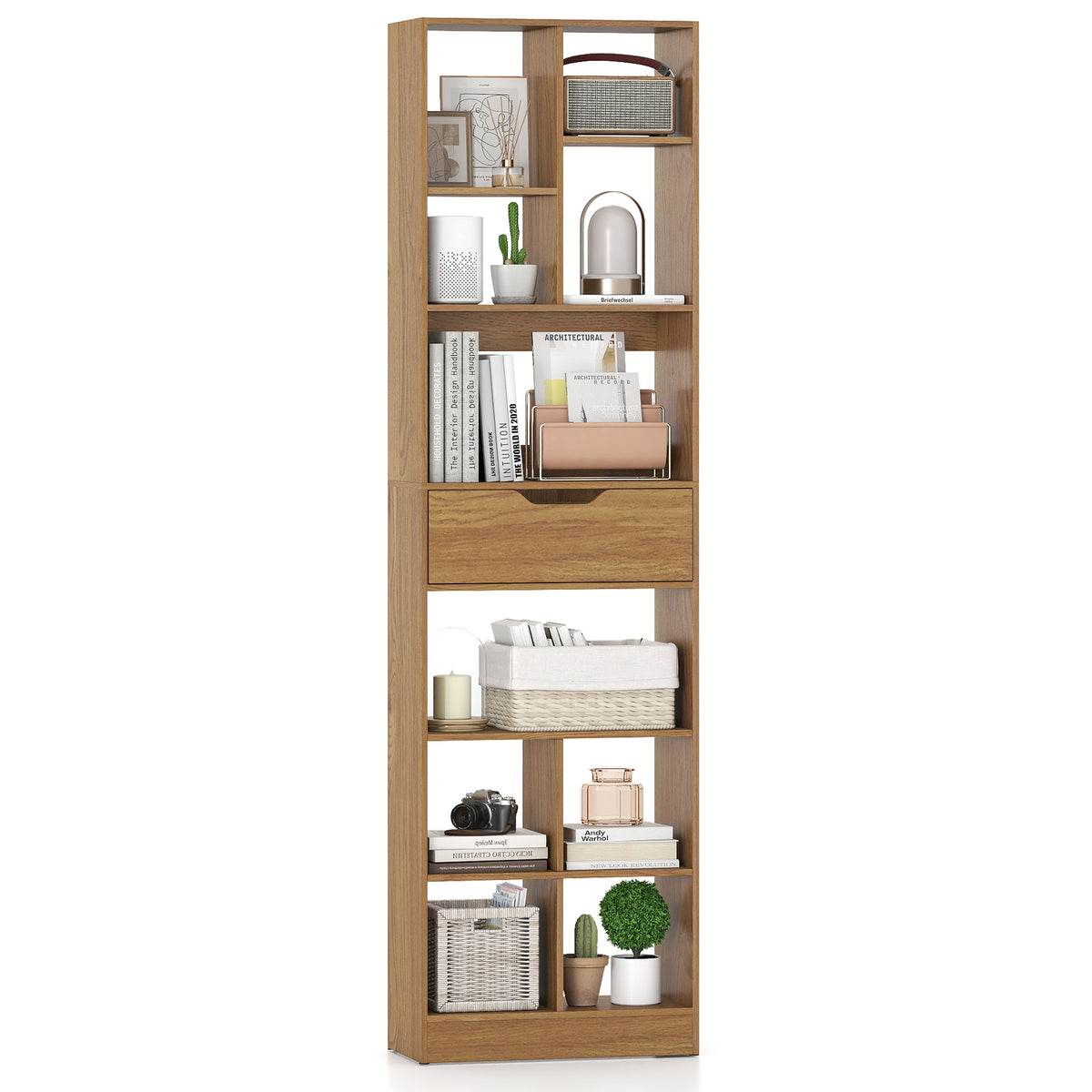71-Inch Tall Bookcase with 10-Cube Storage & Drawer - Natural