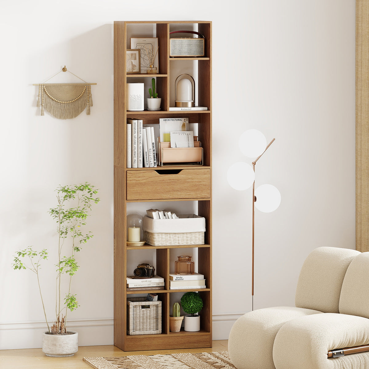 71-Inch Tall Bookcase with 10-Cube Storage & Drawer - Natural