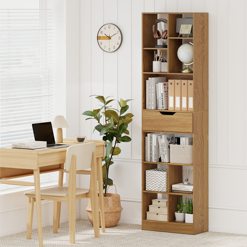 71-Inch Tall Bookcase with 10-Cube Storage & Drawer - Natural