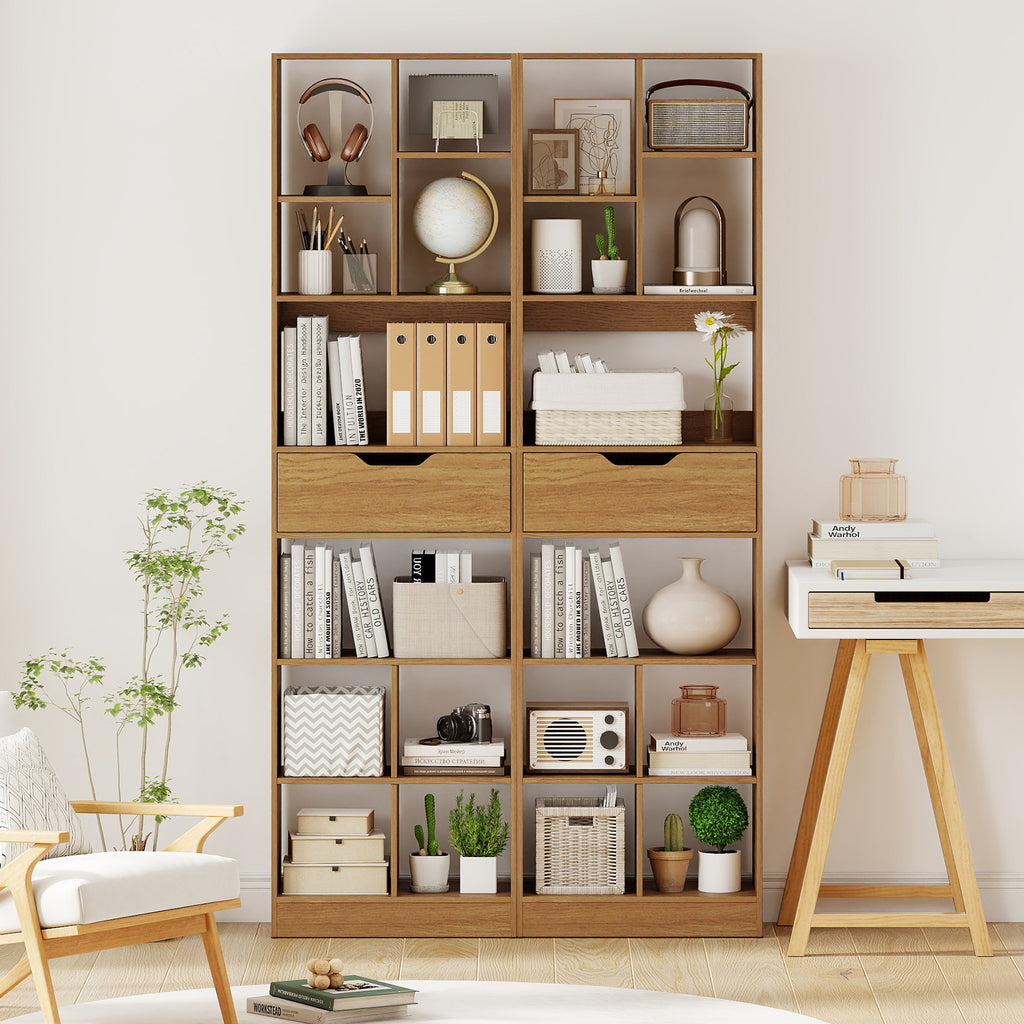 71-Inch Tall Bookcase with 10-Cube Storage & Drawer - Natural