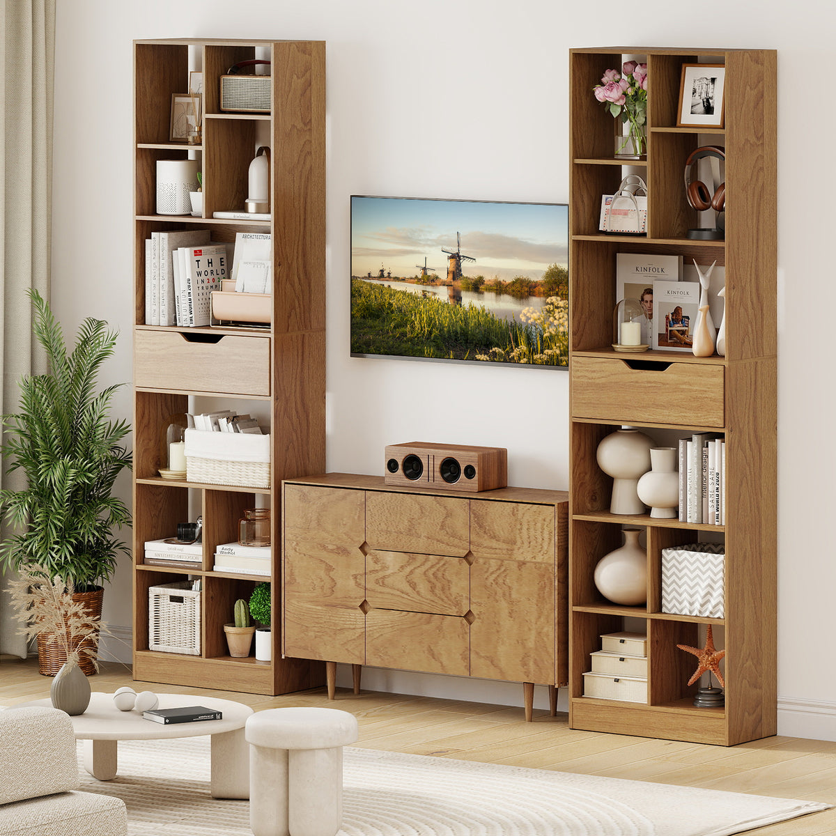 71-Inch Tall Bookcase with 10-Cube Storage & Drawer - Natural