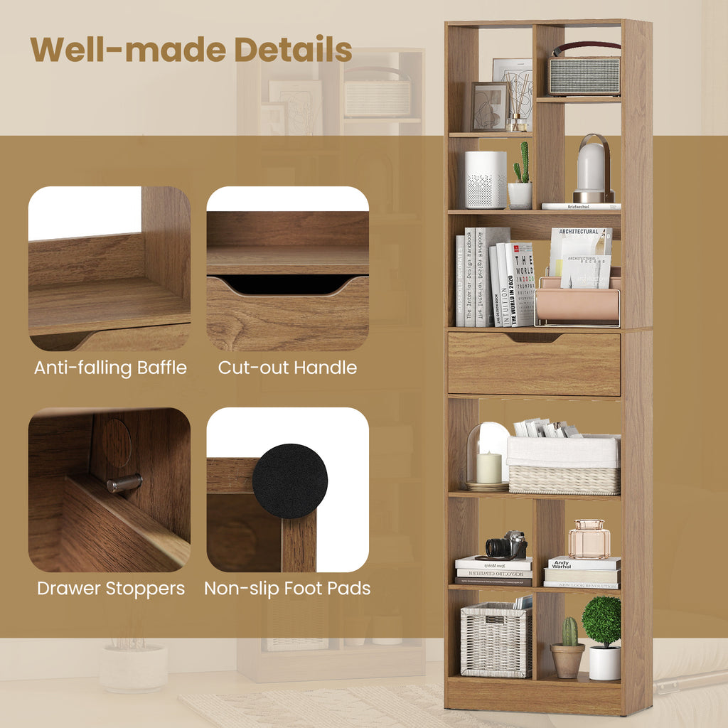 71-Inch Tall Bookcase with 10-Cube Storage & Drawer - Natural