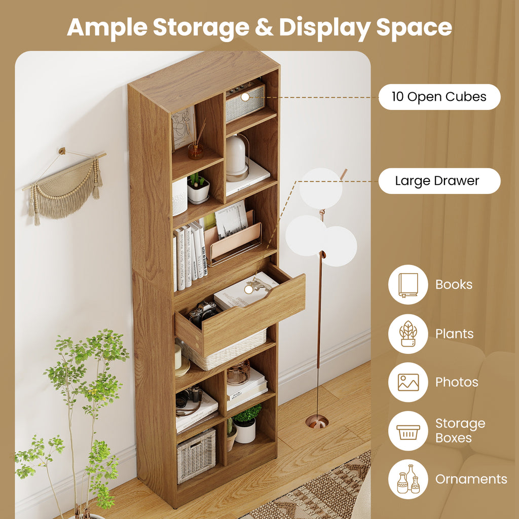 71-Inch Tall Bookcase with 10-Cube Storage & Drawer - Natural