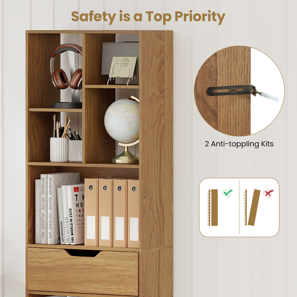 71-Inch Tall Bookcase with 10-Cube Storage & Drawer - Natural