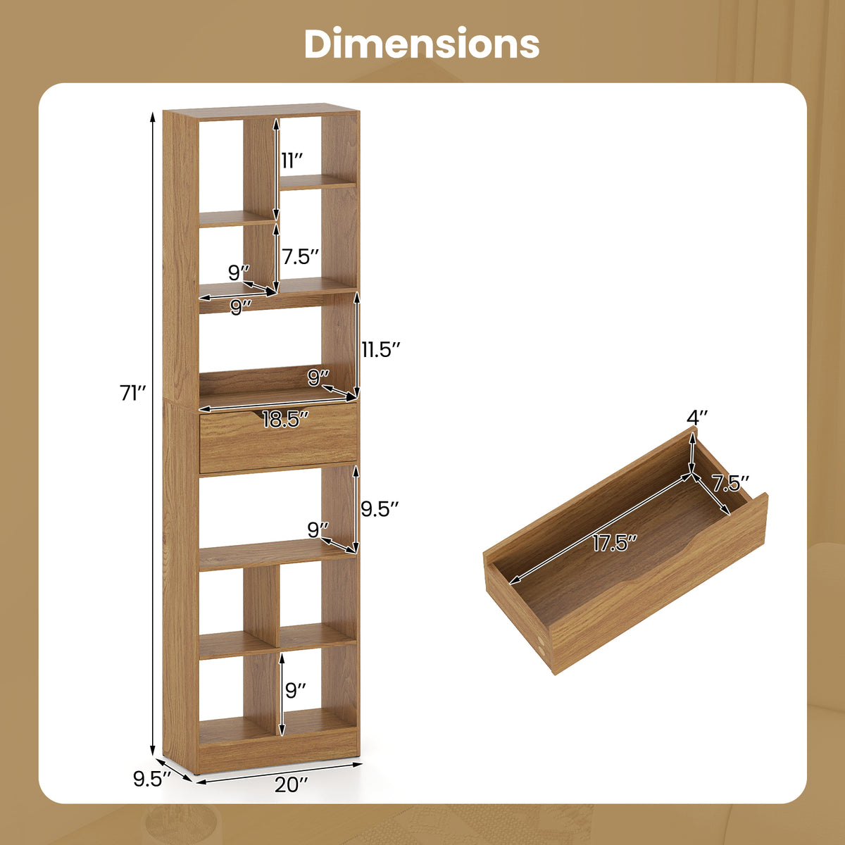 71-Inch Tall Bookcase with 10-Cube Storage & Drawer - Natural