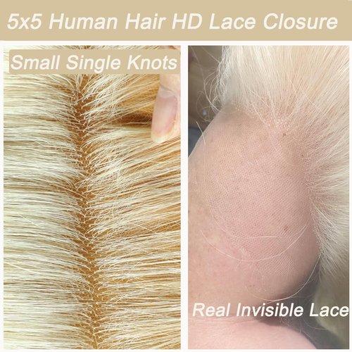 613 Blonde 5x5 Lace Closure, 12A Grade Human Hair 613 Closure Pre Plucked With Baby Hair Blonde Color Brazilian Virgin Straight Hair Invisible Lace Frontal Closure Free Part 14 Inch