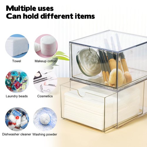 Rainmae 2 Pack Disposable Face Towel Holder, Face Towel Storage Box, Stackable Clear Makeup Organizer with Drawer for Clean Skin Club Face XL Towels Holder for Vanity Bathroom and Makeup Organization