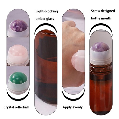 RAMFIYN 2 pack Large Amber Glass Roll on Bottles for Essential Oils Perfume Refillable Roller Ball Applicator Empty Deodorant Containers with Purple Crystal Rollerball