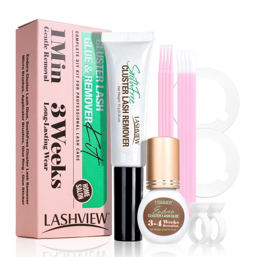 LASHVIEW Lash Cluster Glue & Remover Kit Strong Hold 3-4 Weeks Long-Lasting, Waterproof Formula, Includes DIY Lash Supplies, Easy at-Home Removal