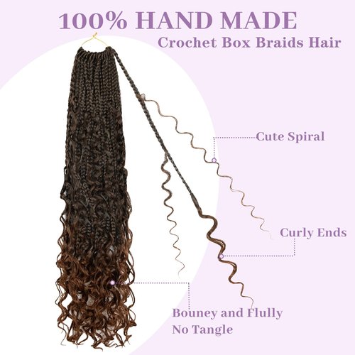 Boho Box Braids Crochet Hair-24 Inch Boho Braids Crochet Hair Pre Looped, 8PK Boho Crochet Braids with Curly Ends Bohemian Crochet Braids for Black Women