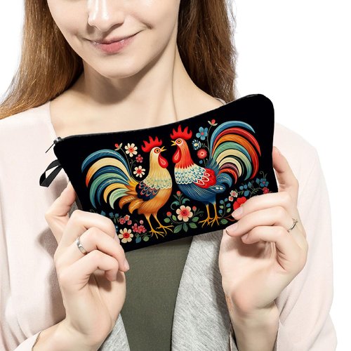 Livel lhood Floral Roosters Makeup Bag Colorful Chicken Small Organizer Bag Zipper Pouch Ethnic Style Roosters Print Cosmetic Bag Present for Women Friends