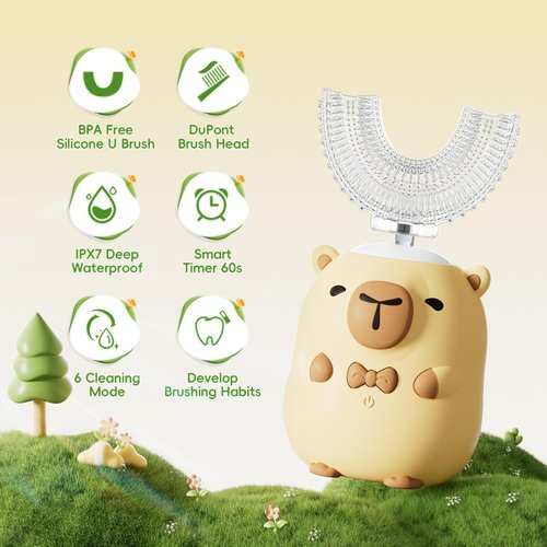 ELOTAME Kids Electric Toothbrush U Shaped - Cartoon Capybara with 6 Brush Heads Full Mouth Degree Cleaning Sonic Toddler Automatic Toothbrush with IPX7 Waterproof (Capybara 2-14 Years)