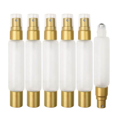 6-Pack Frosted Clear Glass Bottles with Dual Ends – Sprayer & Roller Tops – Leakproof, Quality Essential Oil & Perfume Bottles with Elegant Gold Accents – Refillable Custom Blend Containers