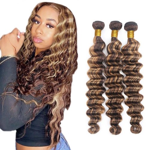 4/27 Human Hair Bundles Ombre Deep Wave Bundles Human Hair Highlight Bundle 12 14 16 Inch Double Weft Unprocessed Brazilian Virgin Remy Hair Extensions 3Pcs/Set Deals