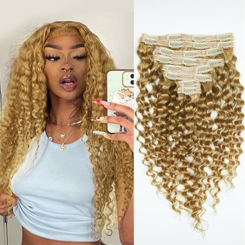 Curly Clip in Hair Extensions Real Human Hair 16inch 100g Invisible & Seamless 100% Brazilian Remy Human Extension Deep Wave Clip ins Extensions Double Weft 8 PCS with 20 Clips #27 Honey Blonde