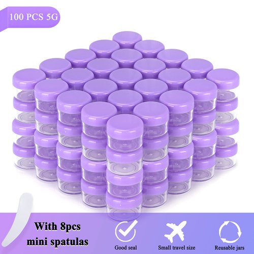 100PCS 5 Gram Sample Containers, 5ml Empty Jars with Lids, Small Cosmetic Containers, Mini Sample Jars with 8PCS Mini Spatulas for Make Up, Oils, Lotion, Powder, Paint, Jewelry, Lip Balms(Purple Lid)